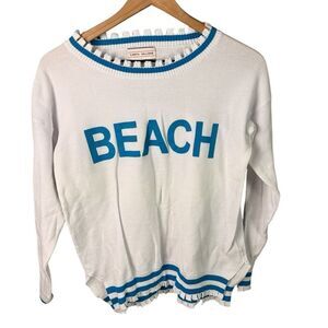 Caryn Vallone White & Aqua Blue Beach Designer Sweater, Lightweight